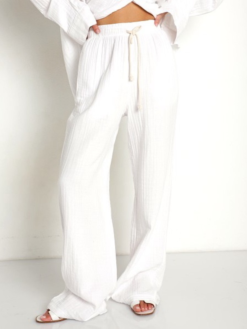 DONNI. bubble pants gauze Wide Leg White Linen-Blend Drawstring Pants